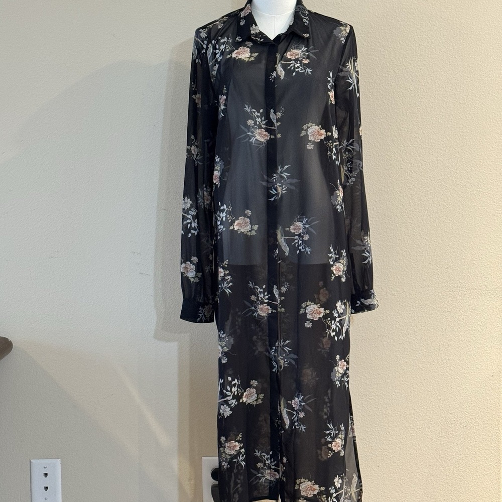 Long Tall Sally Sheer Floral Longline Duster Shirt Tunic Black Size US 8